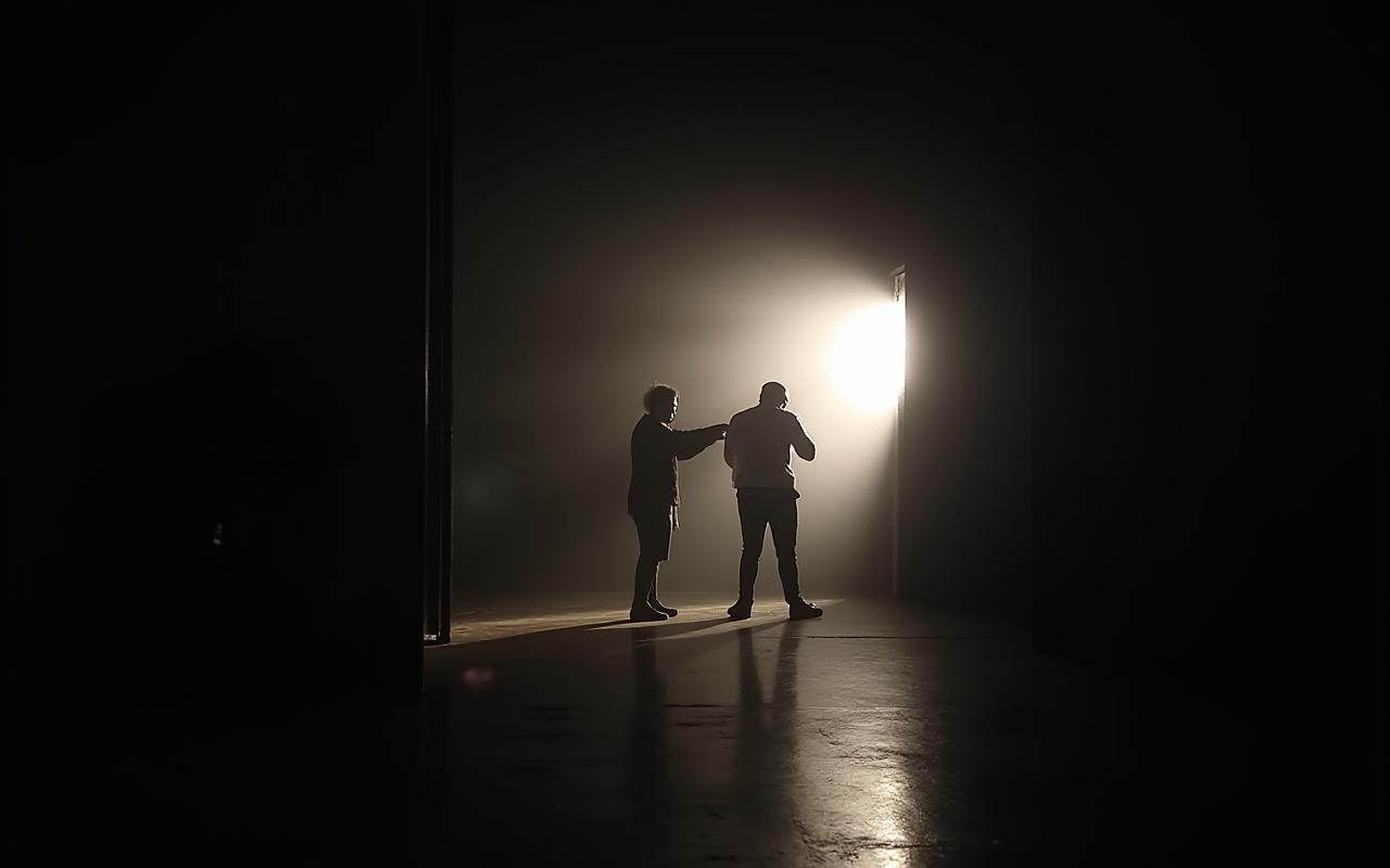 Cahaya dan bayangan membaluti seorang model, menunjukkan konsep 'Gelap Terang'.