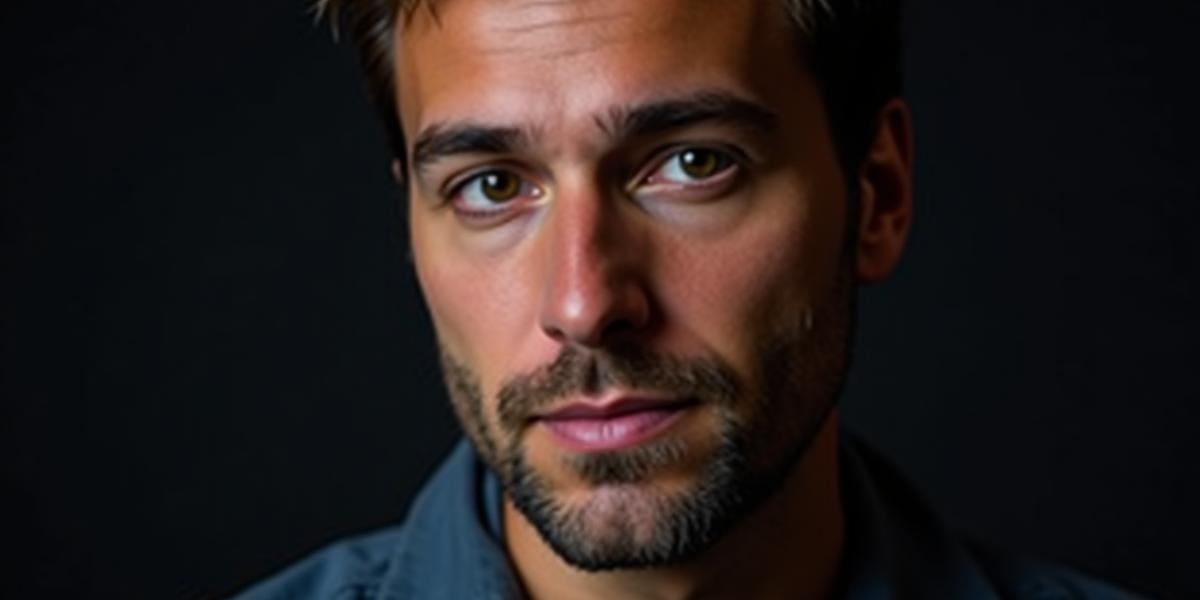 Potret ekspresif seorang lelaki dengan latar belakang minimalis.