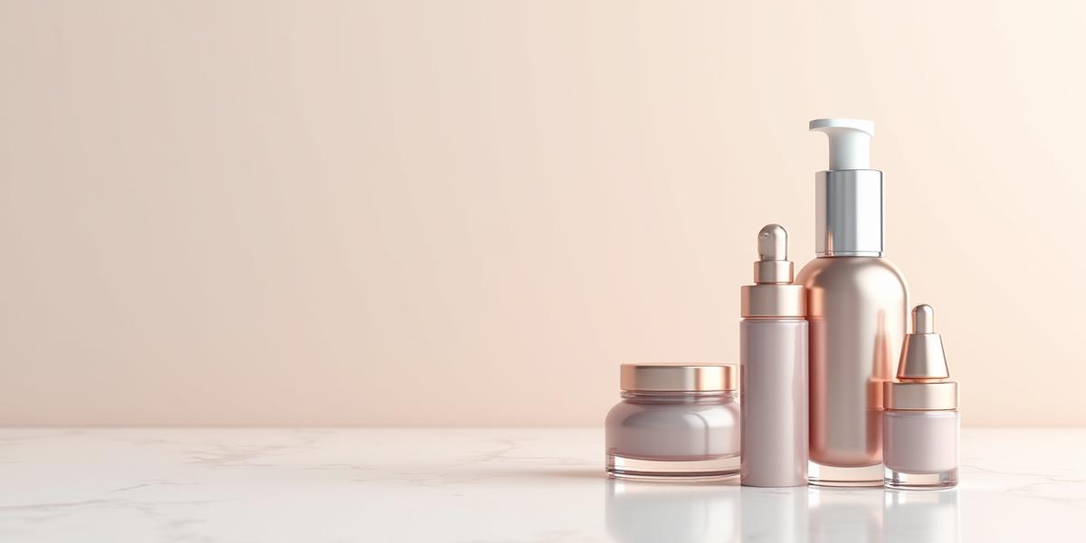 Imej produk kosmetik elegan dengan pencahayaan studio.