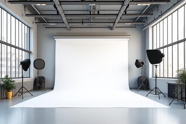 Pandangan umum ruang utama studio fotografi Gelap Terang yang luas dan moden.